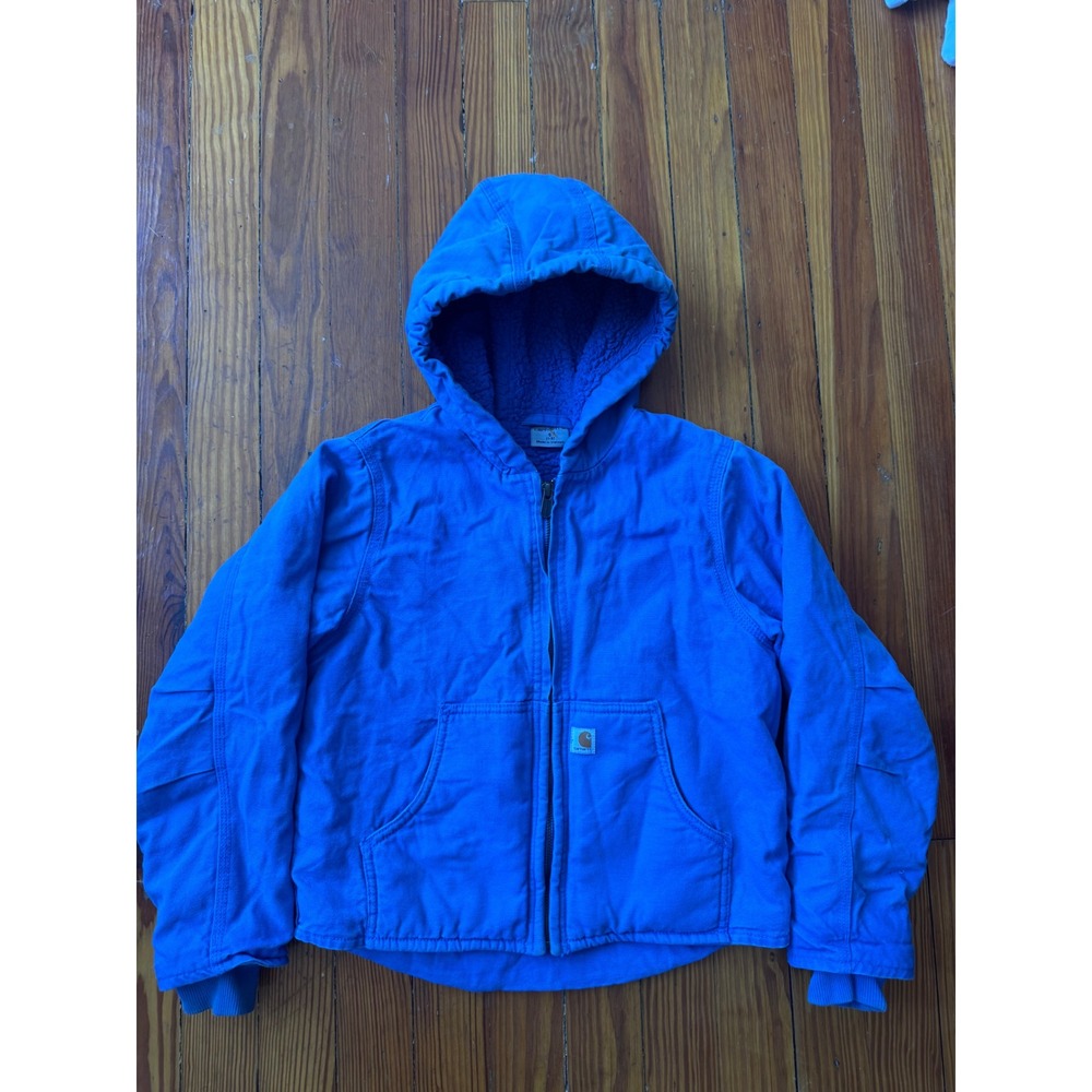 Carhartt Kids Sherpa Lined Hooded Active Jacket Blue Canvas Size S 7-8